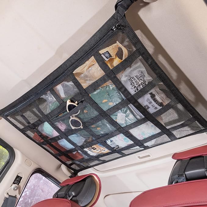 SUV Car Ceiling Cargo Net Pocket,35.4"x23.6" Double-Layer Mesh Car Roof Storage Organizer for Ford,F150,Jeep,Honda CRV,RAV4,Van Organizers and Storage,Camping Accessories