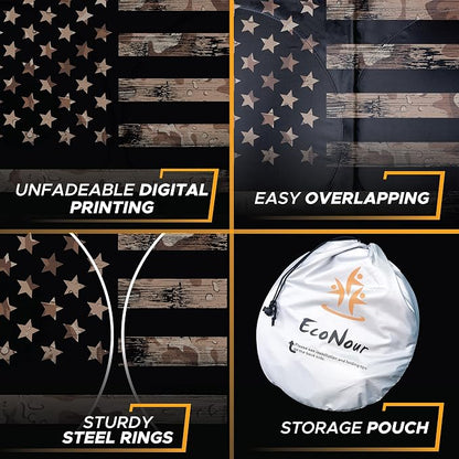 EcoNour Camoflage American Flag Windshield Sun Shade –240T Reflective Polyester Blocks 99% UV & Heat Protection | Patriotic Car Accessory Sedans, Hatchbacks, Small SUVs | Universal Fit (66" x 34")