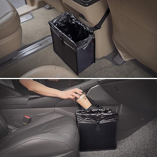 KMMOTORS Jopps Premium Car Trash Can – Foldable Bin with Strap, PU Leather & Oxford, Waterproof, Space-Saving, Simple Modern Design, Mounts on Headrest, Console, Gear Shift (Large, Beige)