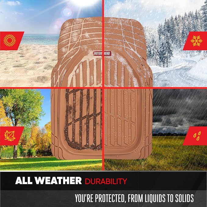 Motor Trend Original FlexTough Beige Rubber Car Floor Mats for 3 Row Vehicles, Front & Rear 2nd Row Deep Dish All Weather Automotive Heavy Duty Trim to Fit, Automotive Liners for Cars Truck Van SUV