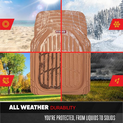 Motor Trend Original FlexTough Beige Rubber Car Floor Mats for 3 Row Vehicles, Front & Rear 2nd Row Deep Dish All Weather Automotive Heavy Duty Trim to Fit, Automotive Liners for Cars Truck Van SUV