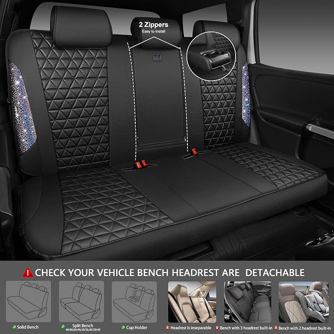 CAR PASS Bling Diamond Black Leather Car Seat Covers Full Set Interior Sets, Waterproof Shining Glitter Sparkly Crystal Armrest Fit Automotive Truck SUV Cute Women Girl, Bedazzed Iridescent Rhinestone