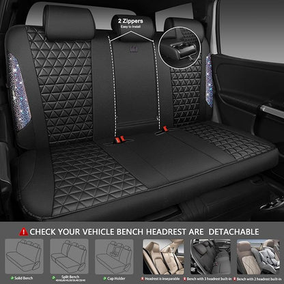CAR PASS Bling Diamond Black Leather Car Seat Covers Full Set Interior Sets, Waterproof Shining Glitter Sparkly Crystal Armrest Fit Automotive Truck SUV Cute Women Girl, Bedazzed Iridescent Rhinestone