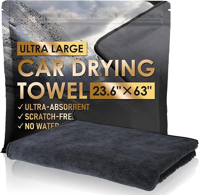 Yours Car Drying Towel, Double-Sided Microfiber Towel for Cars, Ultra Absorbent, Lint-Free, Streak-Free, Reusable, 23.6 x 63 in, Black (X Large)