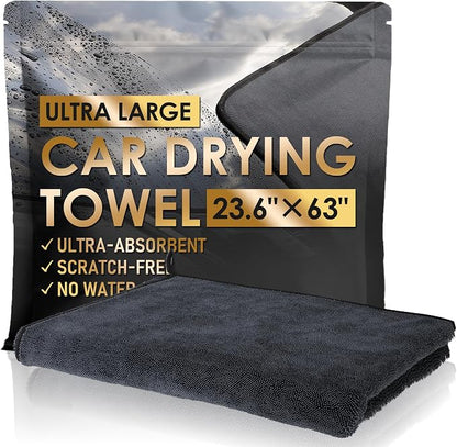Yours Car Drying Towel, Double-Sided Microfiber Towel for Cars, Ultra Absorbent, Lint-Free, Streak-Free, Reusable, 23.6 x 63 in, Black (X Large)