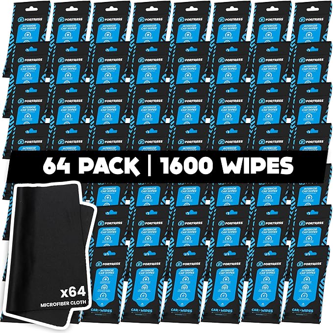 Fortress Car Interior Wipes with Microfiber Cloth (25 ct, Pack of 64) for Car Interior Cleaning, Dashboard, Seats, Detailing, and Steering Wheel [Travel Size] Skin-Safe Car Interior Cleaner Supplies