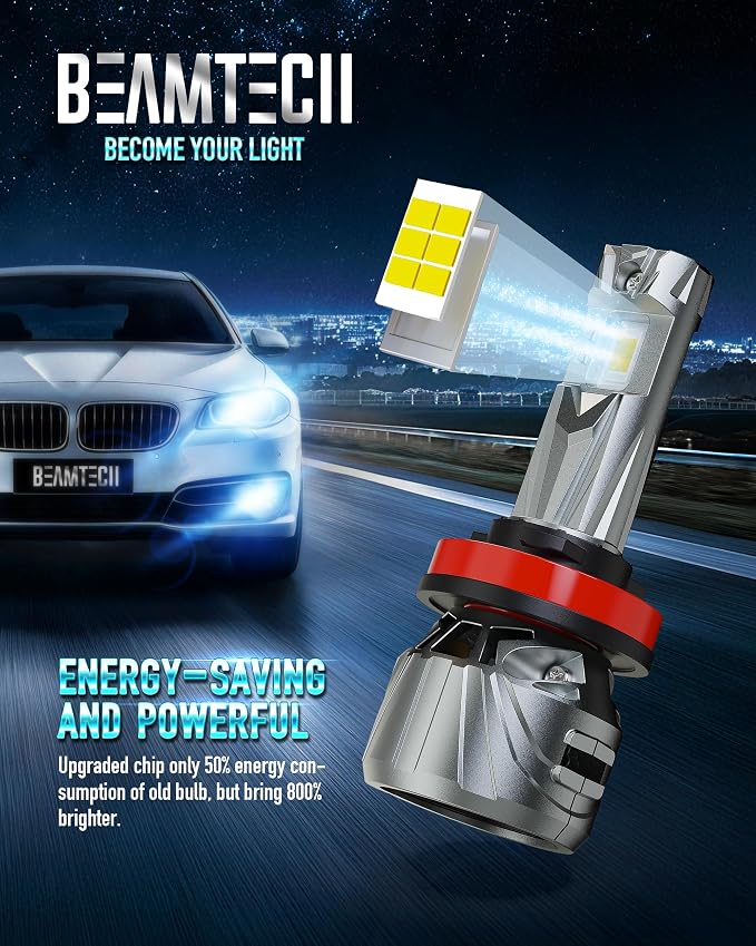 BEAMTECH H11/H8/H9 Bulb, 800% Brighter High Speed Fan 6500K Xenon White Light Bulbs or Fog Lights Pack of 2