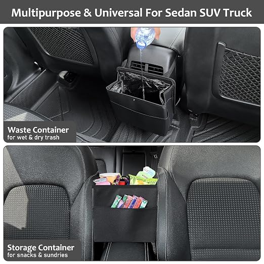 Accmor Car Trash Can with Pocket, Small Vehicle Dustbin Automotive Garbage Organizer Bin with 60 Pcs Trash Bags, Hanging Cars Storage Container for SUV Vans (Black)