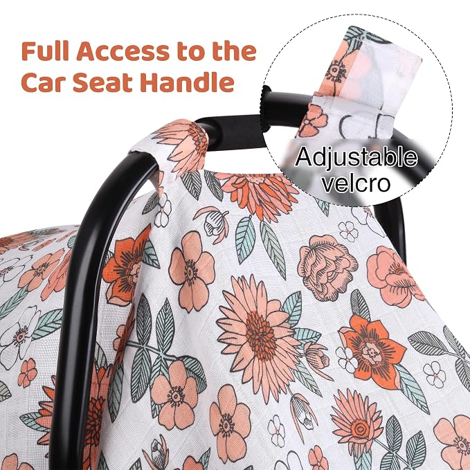 Rquite Infant Car Seat Cover for Babies Girls, 100% Muslin Cotton Carseat Canopy, Breathable Stroller Sun Shade, Baby Shower Gift & Newborn Essentials, Universal Fit Summer & Hot Weather (Floral)