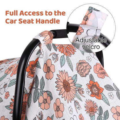 Rquite Infant Car Seat Cover for Babies Girls, 100% Muslin Cotton Carseat Canopy, Breathable Stroller Sun Shade, Baby Shower Gift & Newborn Essentials, Universal Fit Summer & Hot Weather (Floral)