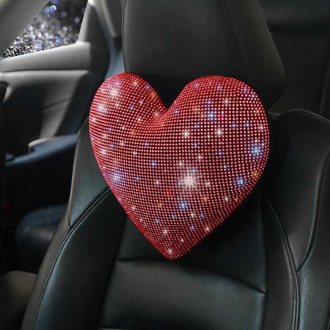 Neck Pillow Neck Rest for Car Headrest Support Neck Support Relax Travel Bling Bling Rhinestones Car Interior Accessories Diamond Pillow for Women Two Packs Universal Fit Red 2 Pieces