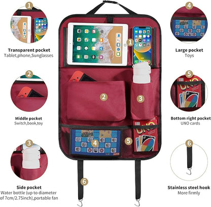 LUCMO Car Backseat Organizer with Tablet Holder,6 Storage Pockets Car Storage Organizer with Foldable Food Tray,Seat Protectors Kick Mats Travel Accessories-Red