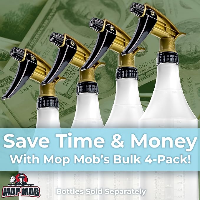 Leak-Free Acid Resistant Spray Head 4 Pack by Durable Industrial Sprayer for Acid-Based Wheel Cleaner Used in Auto/Car Detailing. Heavy Duty Low-Fatigue Trigger and Nozzle with 9 1/4 Dip Tube