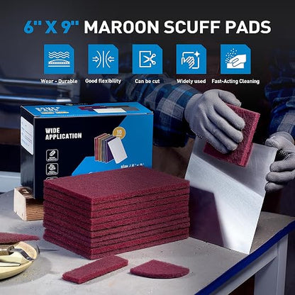 S SATC 6" x 9" Maroon General Purpose Scuff Pads,10 Pack Automotive Pads for Scuffing,Scouring,Sanding,Paint Primer Prep Adhesion Scratch for Automotive Restoration,Handicrafts