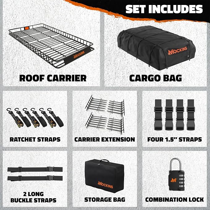 Mockins 90"x50"x5" XXL Heavy Duty Roof Rack Cargo Carrier w/ 250 Lbs. Cap | With 50 Cu Ft Waterproof Soft Vinyl Rooftop Cargo Bag | Roof Basket for SUV Car Truck RV & Van w/ Car Top Carrier Accessories