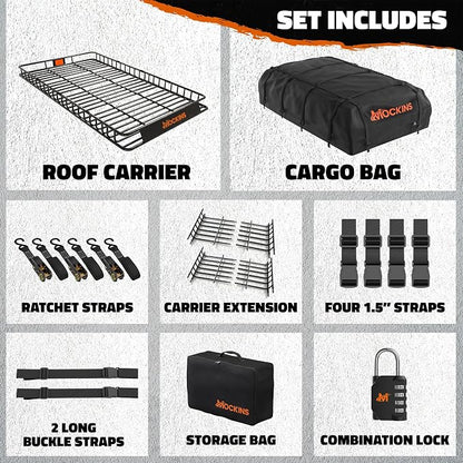 Mockins 90"x50"x5" XXL Heavy Duty Roof Rack Cargo Carrier w/ 250 Lbs. Cap | With 50 Cu Ft Waterproof Soft Vinyl Rooftop Cargo Bag | Roof Basket for SUV Car Truck RV & Van w/ Car Top Carrier Accessories