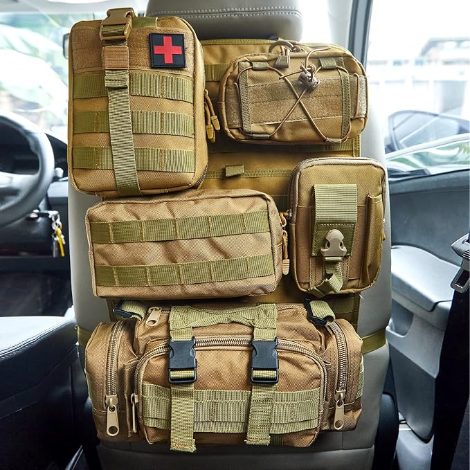 BXBXHD 6 Pack Tactical Truck Organizer Back Seat Storage Car Seat Storage Bag Molle Panels for vehicles, Car and SUV with Lots of Handy Compartments (Khaki)