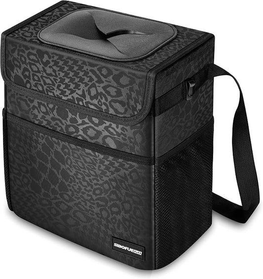 SIBOFUEGO Cute Car Trash Can with Lid – Multipurpose Collapsible Trash Bin for Car, Leak-Proof Organizer, Waterproof Garbage Can with Storage Pockets & Adjustable Straps, 2 Gallons (Black Leopard)