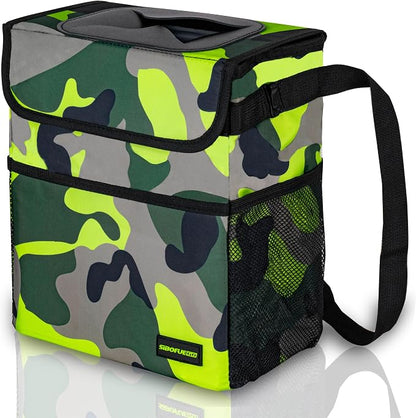 SIBOFUEGO Cute Car Trash Can with Lid – Multipurpose Collapsible Trash Bin for Car, Leak-Proof Organizer, Waterproof Garbage Can with Storage Pockets & Adjustable Straps, 2 Gallons (Camo Green)