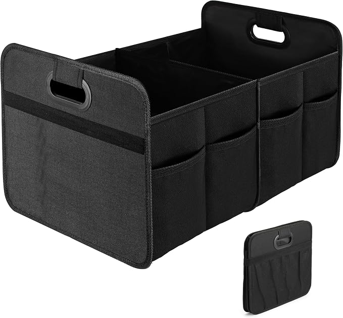 YSSOA Car Trunk Organizer, 2 Compartments Anti-slip 14" D x 22" W x 12" H Collapsible Trunk Storage, 600D Oxford Polyester Car Storage, Suitable for SUV, Minivan, Truck, Black