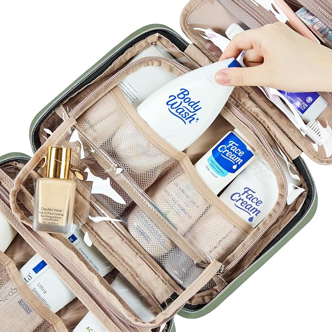 NISHEL Travel Toiletry Bag for women, Portable Hanging Organizer for Travel-Sized Shampoo, Conditioner, Brushes Set, Makeup Accessories, Medium Size, Purple, Bronze Green