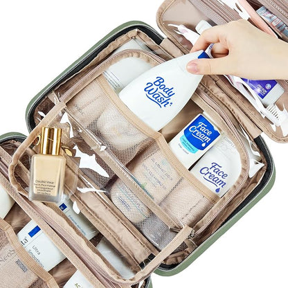 NISHEL Travel Toiletry Bag for women, Portable Hanging Organizer for Travel-Sized Shampoo, Conditioner, Brushes Set, Makeup Accessories, Medium Size, Purple, Bronze Green