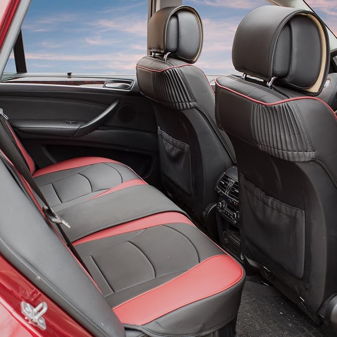 FH Group Ultra Comfort Highest Grade Faux Leather Full Set Cushion Pads Car Seat Covers for Front and Rear– Universal Fit for Cars Trucks & SUVs (Burgundy/Black)