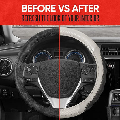 Motor Trend UltraSport White Carbon Fiber Steering Wheel Cover, Standard 15 inch Size, Black Faux Leather Comfort Grip, Car Steering Wheel Cover for Auto Truck Van SUV