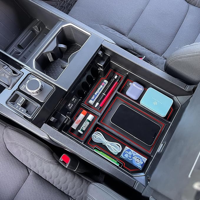 TOPINSTALL Red Full-Size Console Tray Compatible with 2022-2026 Toyota Tundra / 2023-2026 Sequoia Accessories Armrest Storage Box Tray with Anti-Slip Inserts (Not for the Console with Safe)