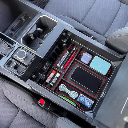 TOPINSTALL Red Full-Size Console Tray Compatible with 2022-2026 Toyota Tundra / 2023-2026 Sequoia Accessories Armrest Storage Box Tray with Anti-Slip Inserts (Not for the Console with Safe)