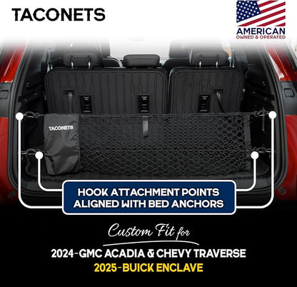 TacoNets Envelope Cargo Net for Acadia/Traverse/Enclave - Fits 2024-Current - Upgraded 5mm Bungee - Integrated Storage Bag - Heavy Duty Hooks - Designed in USA