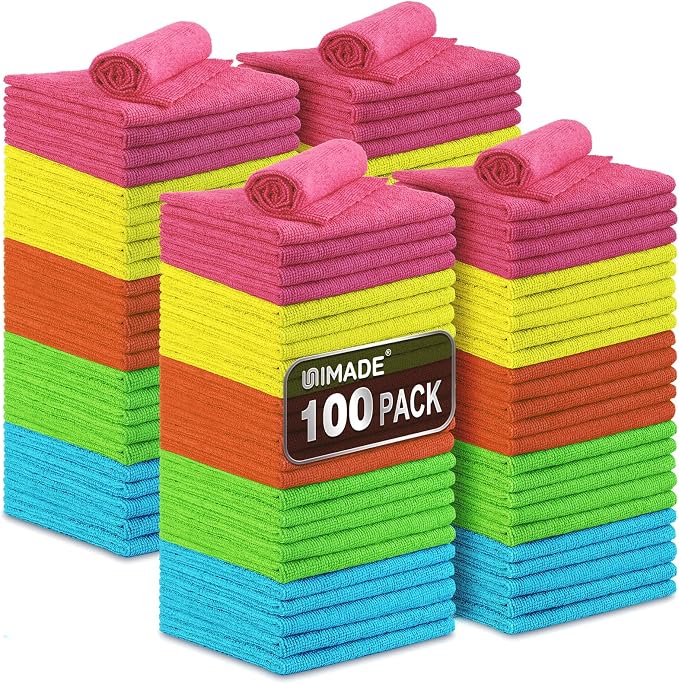 UNIMADE Microfiber Cleaning Cloth, 100PK Commercial Grade Work Rags Microfiber Towels for Cars Cleaning Rags Bulk Detailing Cloth for Automotive Bar Mechanic Restaurant Garage, 11.5"x11.5", Multicolor