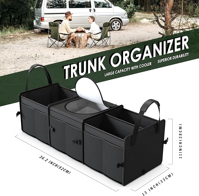 Trunk Organizer, 95L Capacity SUV Trunk Organizer with Cooler, 3 Compartments Heavy Duty Collapsible Car Storage Organizer for Truck, Van