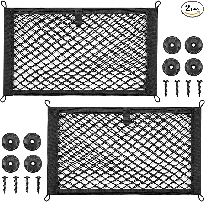TOBWOLF 2PCS 25x45cm/9.8x17.7in Cargo Storage Net with Mounting Screws, Elastic Storage Mesh Pocket Netting, Built-in Hooks Automotive Cargo Netting Storage Pouch for Trunk, RV, Boats, Campers