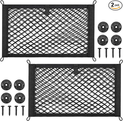 TOBWOLF 2PCS 25x45cm/9.8x17.7in Cargo Storage Net with Mounting Screws, Elastic Storage Mesh Pocket Netting, Built-in Hooks Automotive Cargo Netting Storage Pouch for Trunk, RV, Boats, Campers