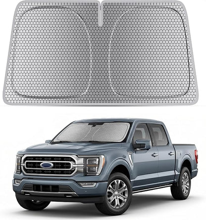 helloleiboo Windshield Sun Shade for Ford F-150 & Toyota Tundra 2021-2026 Graphene Honeycomb Heat Shield with UV Protection Foldable Custom Fit Front Window Sunshade Silver 69" x 35"