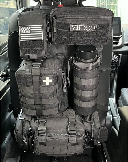 Upgrade Tactical Molle Seat Back Organizer with 5 Detachable Pouches, Universal Car Seat Back Bag Vehicle Organizers Panel Protector for Car Truck Jeep Vehicle (Black)