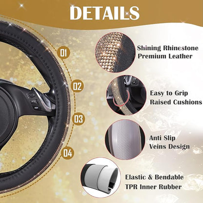 CAR PASS Bling Champagne Diamond Steering Wheel Cover, Black Leather Universal Fit 14.5-15inch Glitter Rhinestones for Women Sparkle Crystal Girly Shining for SUV,Vans,Sedan,Car,Truck, Black Champagne