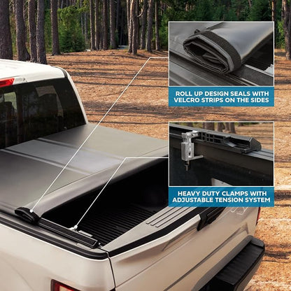 MotorBox Truck Tonneau Cover for Ram 1500 (2002-2023) / Ram 2500 & 3500 (2003-2020) with 6.4 ft Bed Length, All-Weather Retractable Soft Roll-Up Truck Bed Cover with Gray Stripes