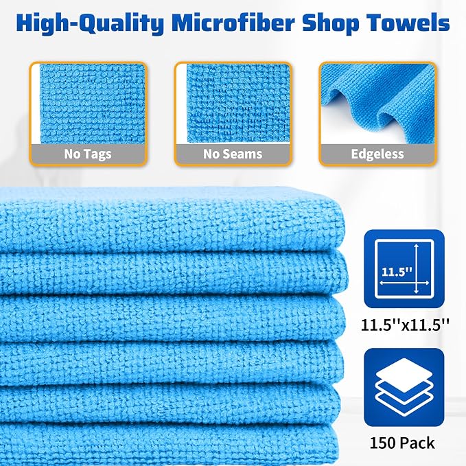 Shop Towels, 150 Pack Cleaning Rags Microfiber Towels, Bulk All-Purpose Microfiber Cleaning Cloth Lint-Free Wipe Washcloth for Commercial Garage Automotive & Housekeeping 11.5"*11.5"