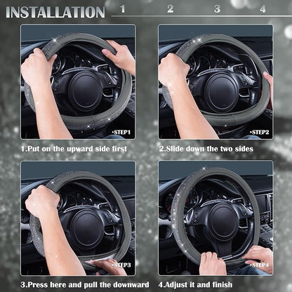 CAR PASS Bling Diamond Leather Steering Wheel Cover, with Bling Sparkly Crystal Glitter Rhinestones Universal Fit 14" 1/2-15" Car Wheel Protector for Women Girl Fit Suvs,Vans,Sedans,Cars,Trucks, Gray