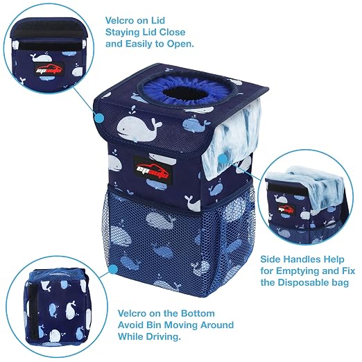 EPAuto Waterproof Car Trash Can with Lid and Storage Pockets, 1.8 Gallon, Blue