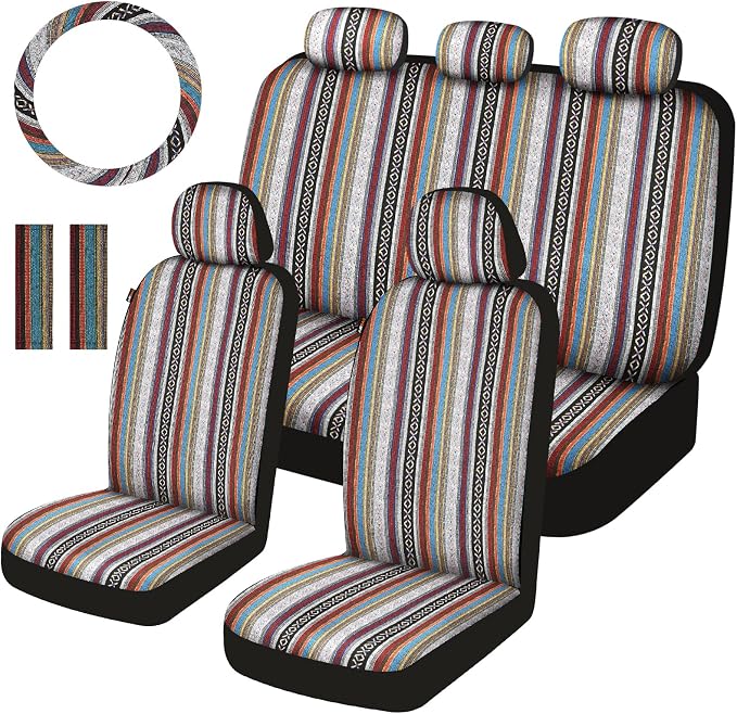 Baja Saddle Blanket Car Seat Covers Full Set with Seat Belt Pads and Steering Wheel Cover, Washable Breathable Striped Woven Cloth Seat Covers for Cars, SUV, Truck, Large Size(Red)