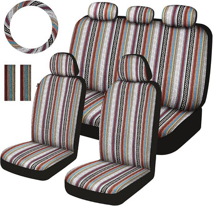 Baja Saddle Blanket Car Seat Covers Full Set with Seat Belt Pads and Steering Wheel Cover, Washable Breathable Striped Woven Cloth Seat Covers for Cars, SUV, Truck, Large Size(Red)