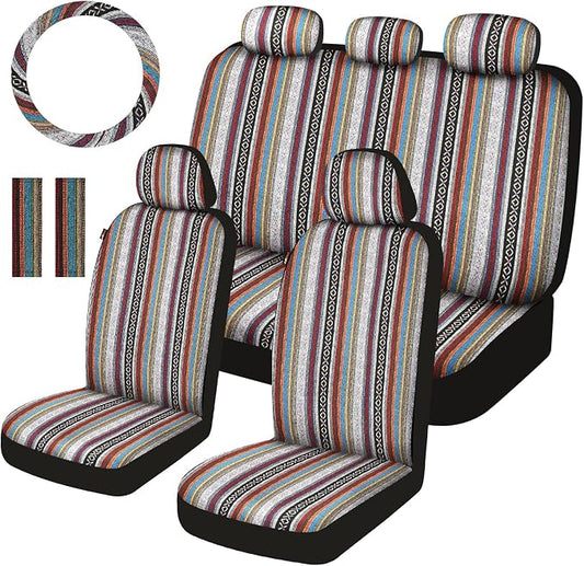 Baja Saddle Blanket Car Seat Covers Full Set with Seat Belt Pads and Steering Wheel Cover, Washable Breathable Striped Woven Cloth Seat Covers for Cars, SUV, Truck, Large Size(Red)
