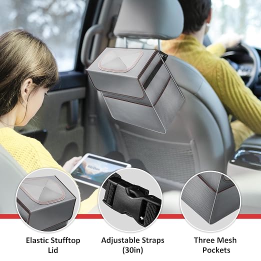 HealSmart 2 Gallon Car Trash Can Lid and Storage Pockets, Leak-Proof Collapsible and Portable Organizer, Multipurpose Garbage Bin with Adjustable Straps, Grey (Pack of 2)