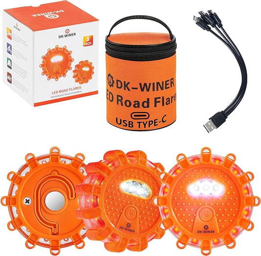 LED Road Flares Roadside Emergency car kit Emergency Road Flares Kit with Magnetic Base for Vehicles & Boat | 9 Flash Modes(with Batteries) (3pack rechargeable)