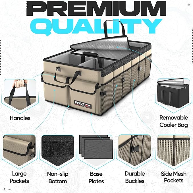 FORTEM Trunk Organizer with Cooler For SUV Car Trunk, Foldable Storage, Car Accessories for Women Men, Collapsible Bag, 600D Oxford, Non Slip Bottom, Straps, Soft Cover (105L)