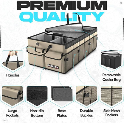 FORTEM Trunk Organizer with Cooler For SUV Car Trunk, Foldable Storage, Car Accessories for Women Men, Collapsible Bag, 600D Oxford, Non Slip Bottom, Straps, Soft Cover (105L)