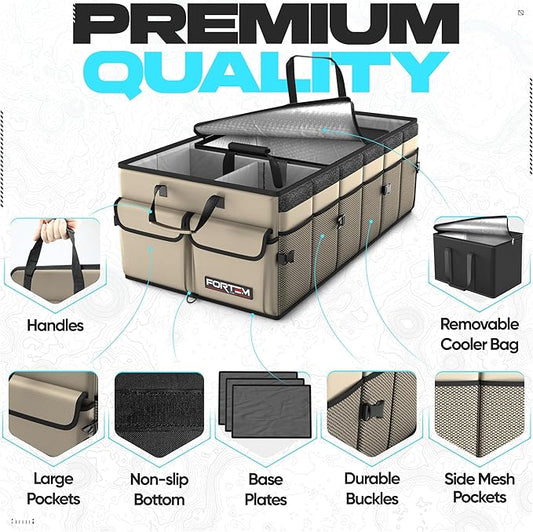 FORTEM Trunk Organizer with Cooler For SUV Car Trunk, Foldable Storage, Car Accessories for Women Men, Collapsible Bag, 600D Oxford, Non Slip Bottom, Straps, Soft Cover (105L)